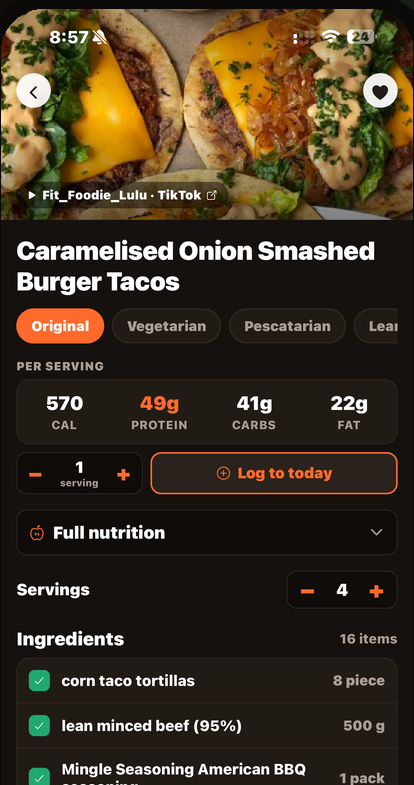 ReelEats recipe screen — Caramelised Onion Smashed Burger Tacos with macros