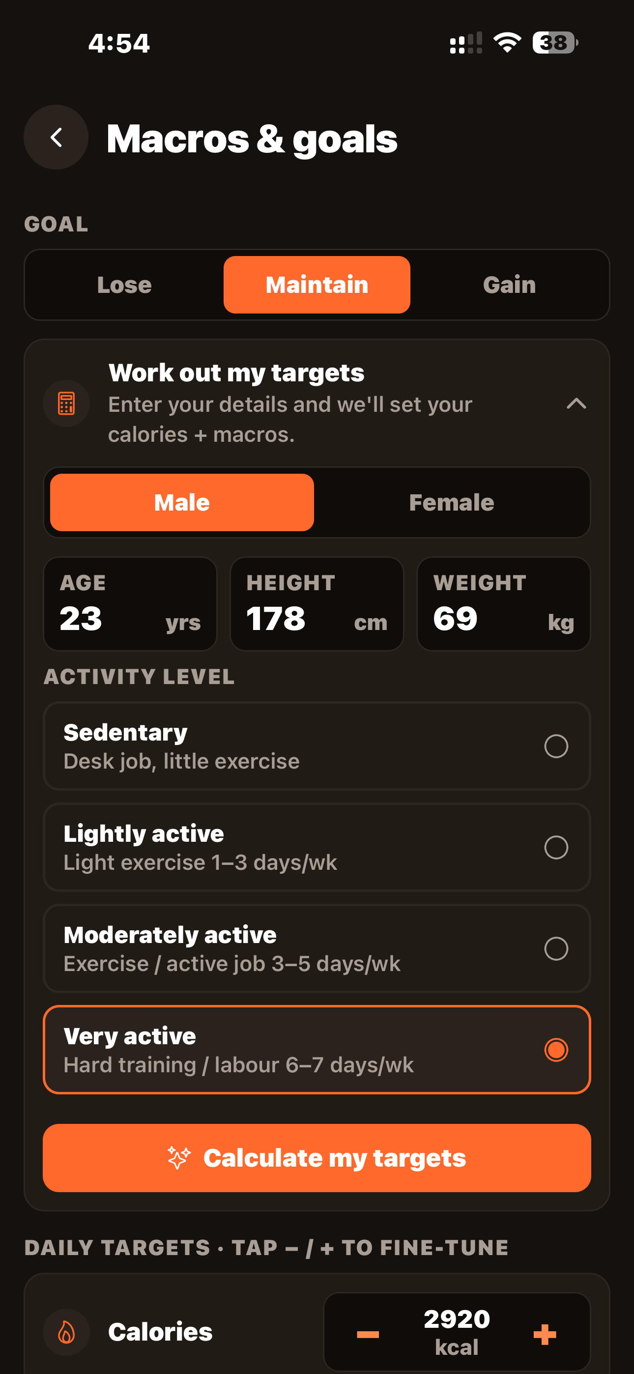 Macros and goals — calculate daily targets
