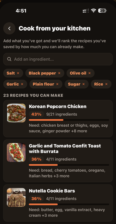 Cook from your kitchen — recipes ranked by ingredients you have