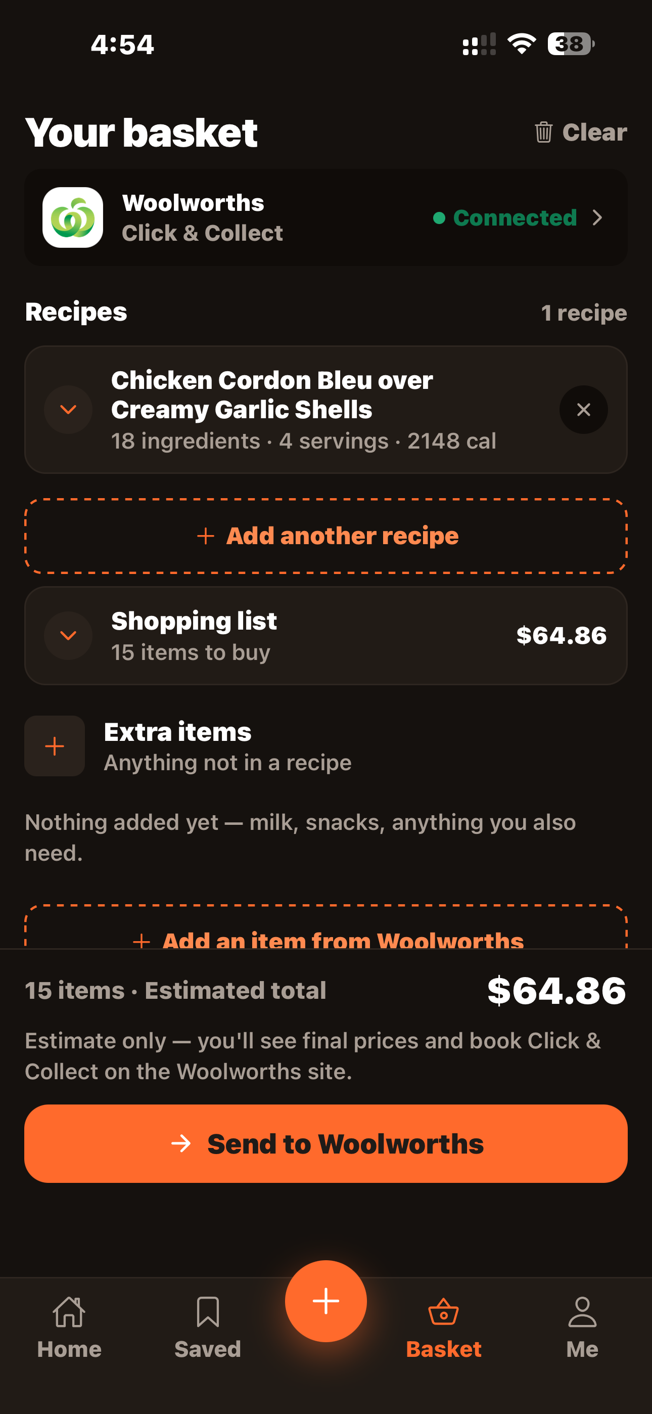 Your basket — connected to Woolworths Click and Collect with a priced shopping list