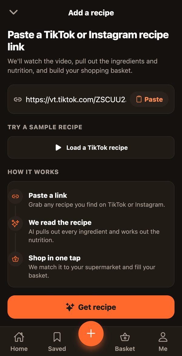 The Reel Eats Add screen with a TikTok link pasted in