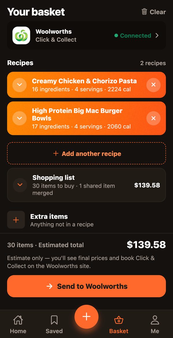 A basket with two recipes merged into one shopping list