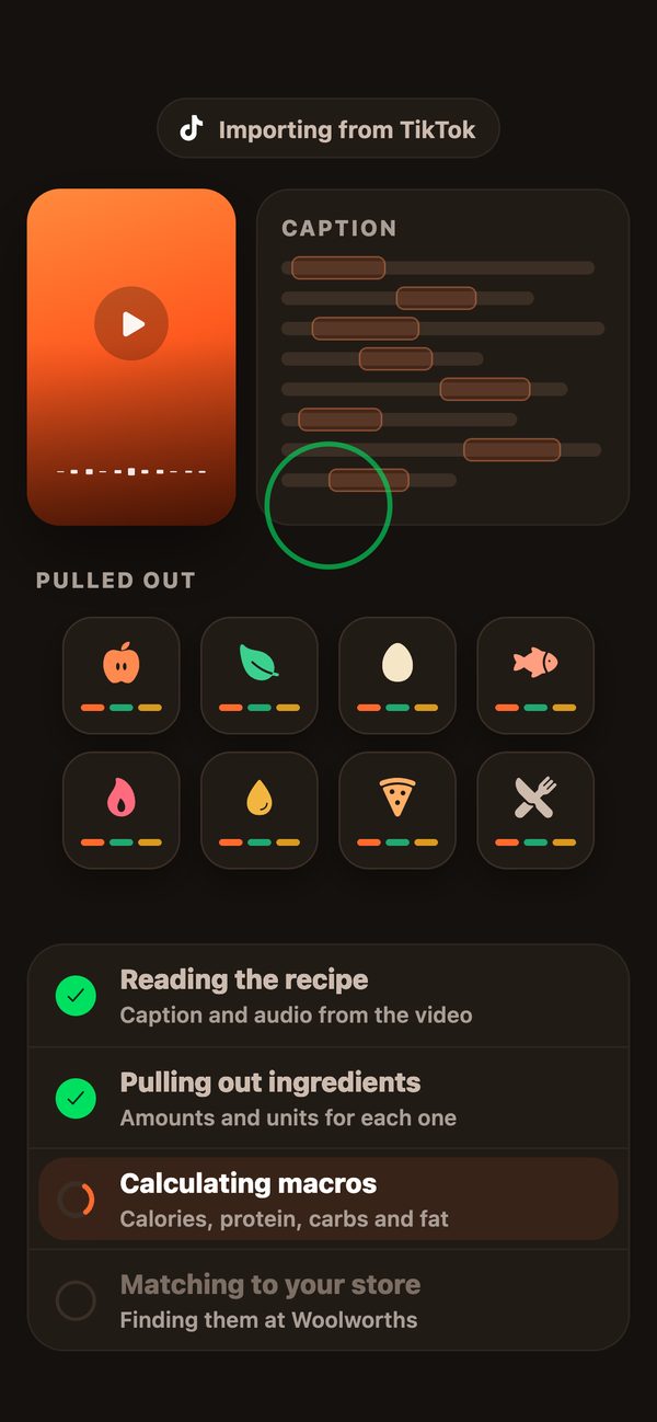 Reel Eats reading a TikTok: reading the recipe, pulling out ingredients, calculating macros
