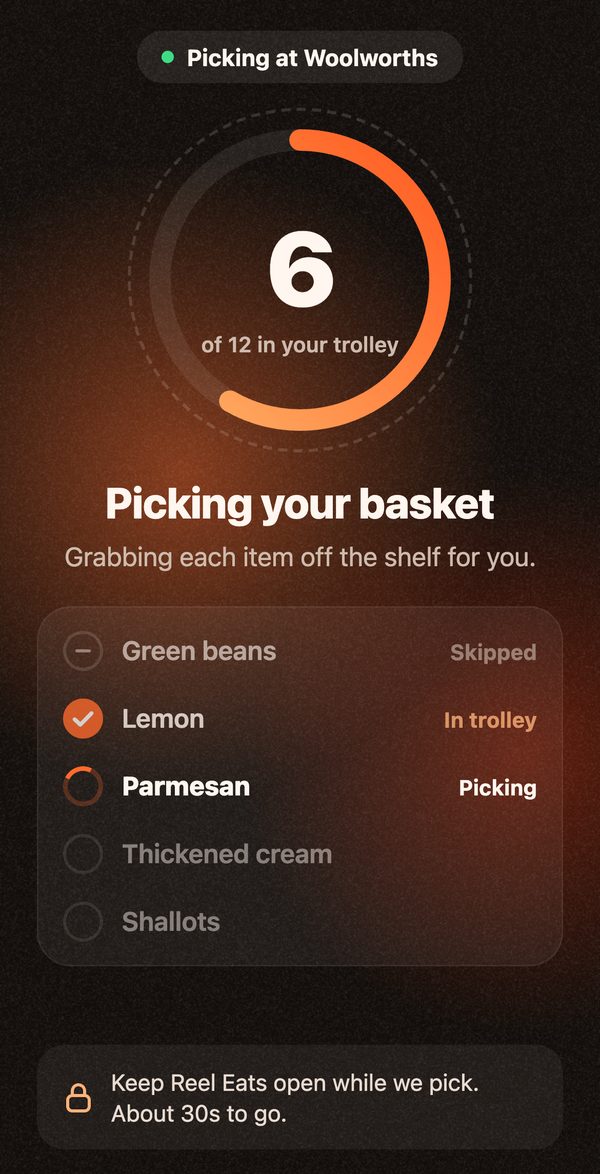 Picking your basket: 6 of 12 items in your Woolworths trolley