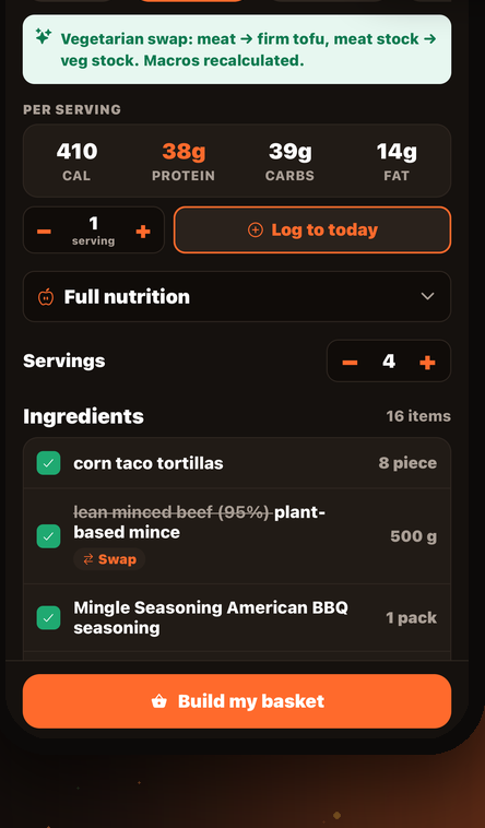 Vegetarian swap with recalculated macros and Build my basket